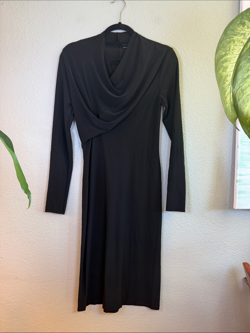 Norma Kamali Black Stretch Bodycon Cowl Neck Vintage Minimalist CBK Midi Dress S